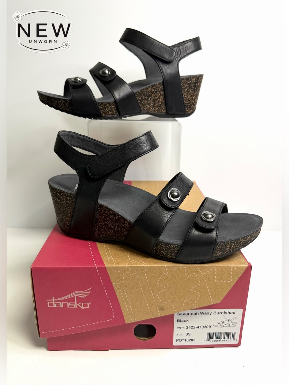 NEW Dansko Savannah Waxy Burnished Black Wedge Sandal Size EU 39 in Original Box